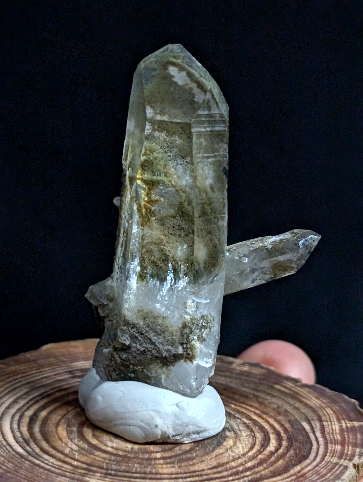 A++ Chlorite included Quartz Crystal, old stock, Saline County, Arkansas,w/ base