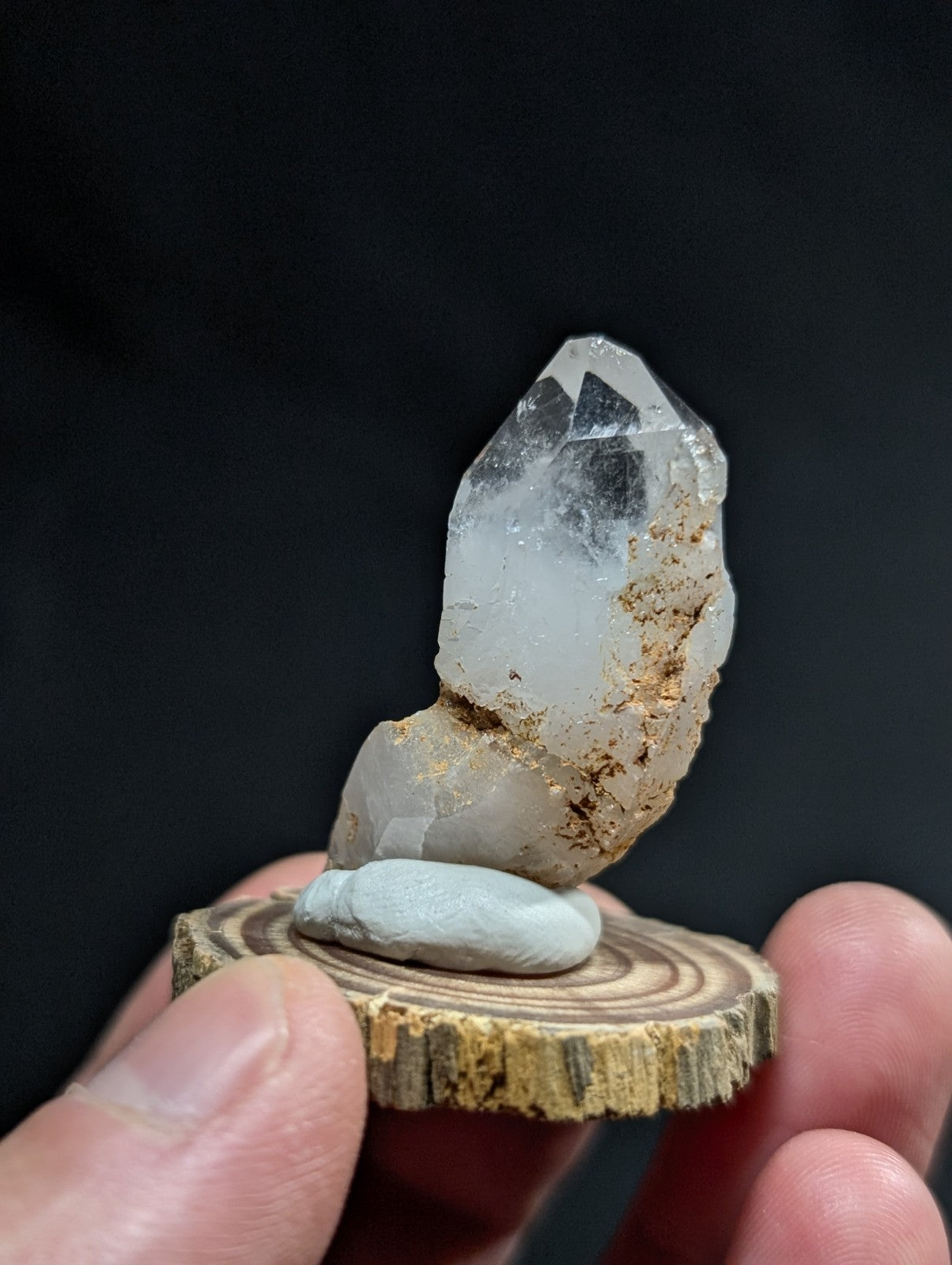 Super Curved Quartz Crystal Point, Montgomery County, Arkansas, w/ wood base