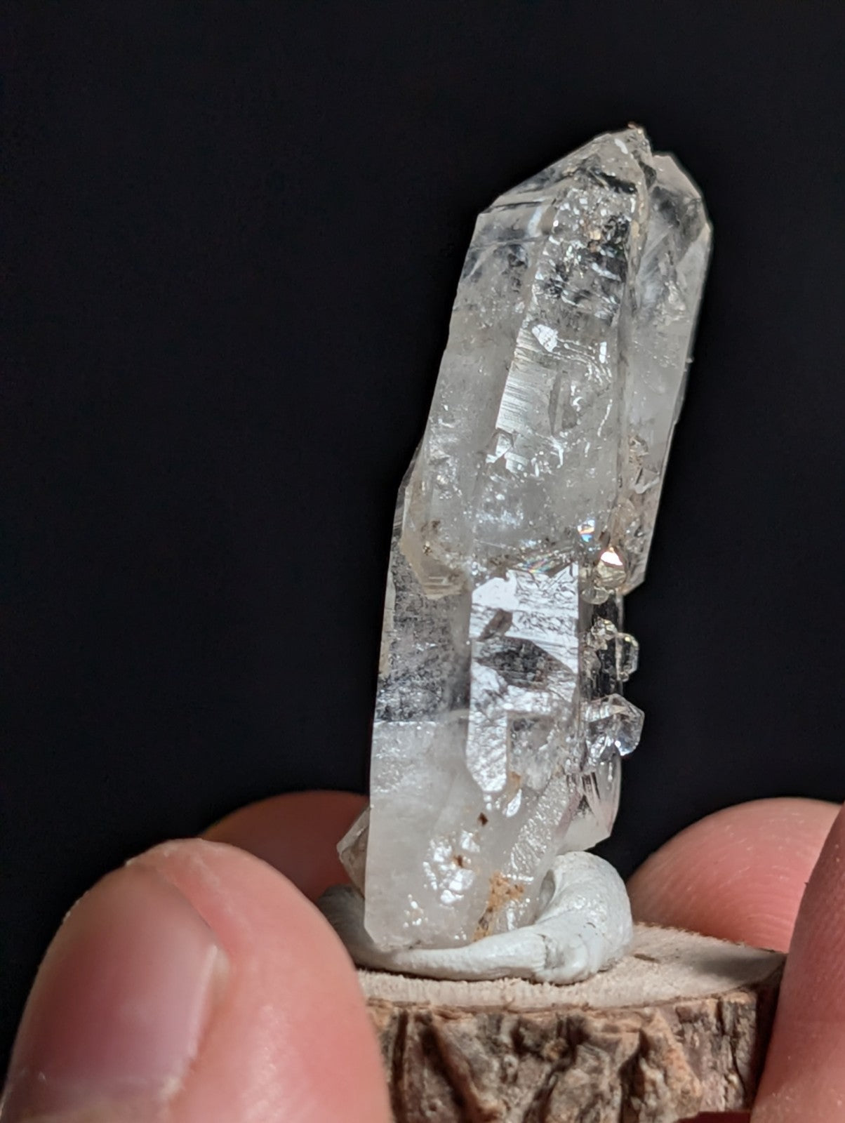 A+ Unique Quartz, Old Stock, Montgomery County, Arkansas, w/ natural wood base