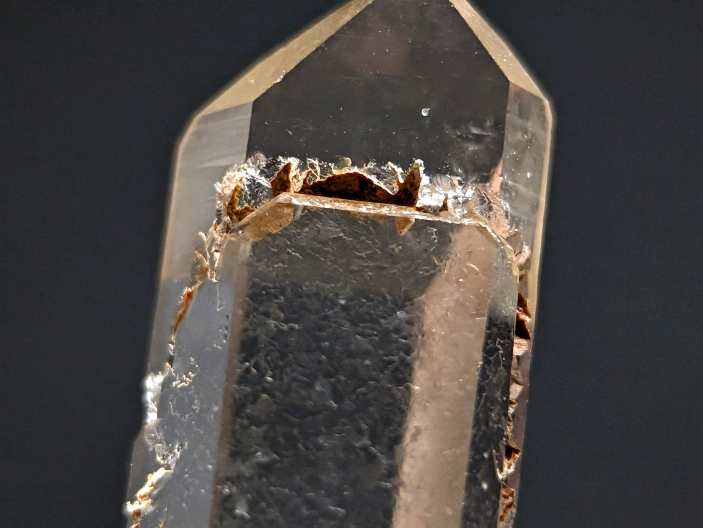 Adularia + etched Quartz Crystal Point, Garland County, Arkansas, w/ wood base