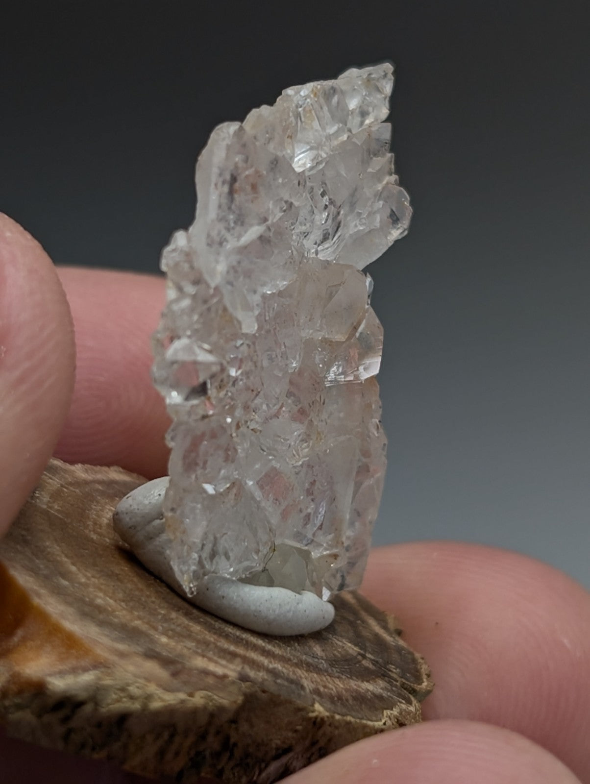 A+ Unique Quartz, Old Stock, Montgomery County, Arkansas, w/ natural wood base