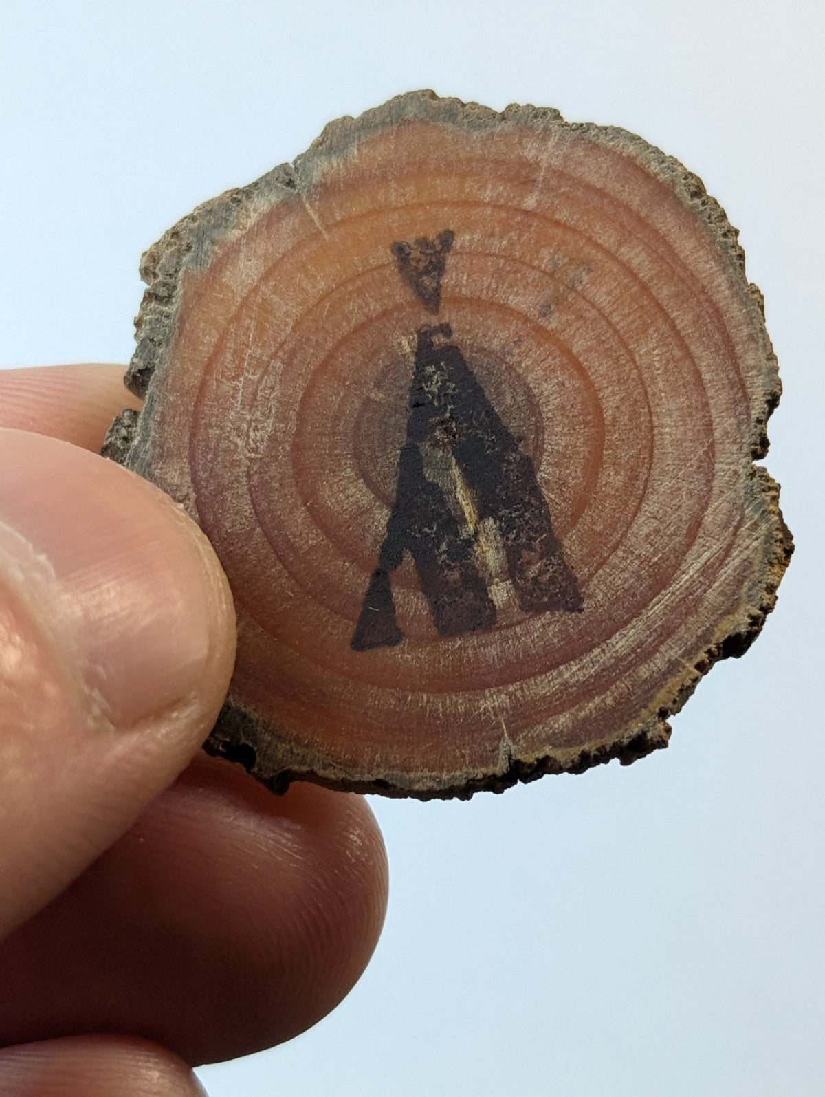 A circular wooden slice with visible growth rings, featuring a black inked teepee design.