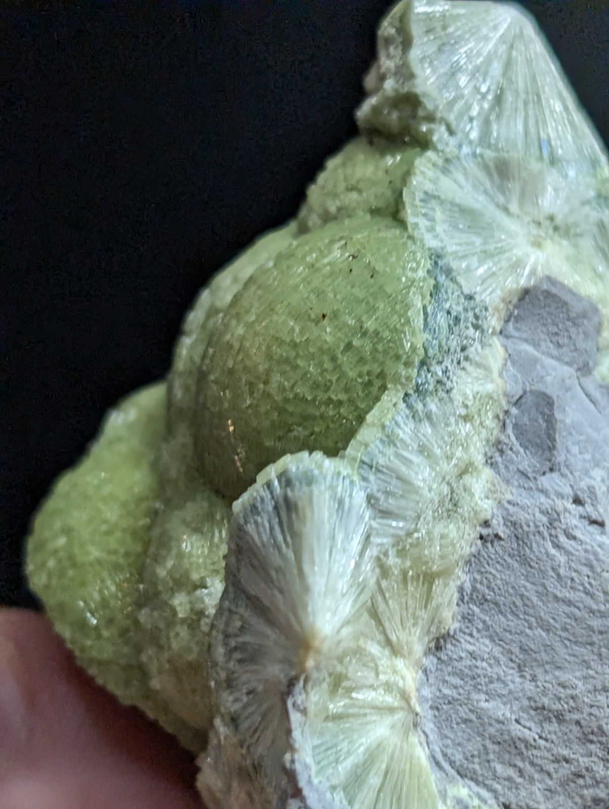 A green, textured mineral specimen with radiating white crystalline formations.