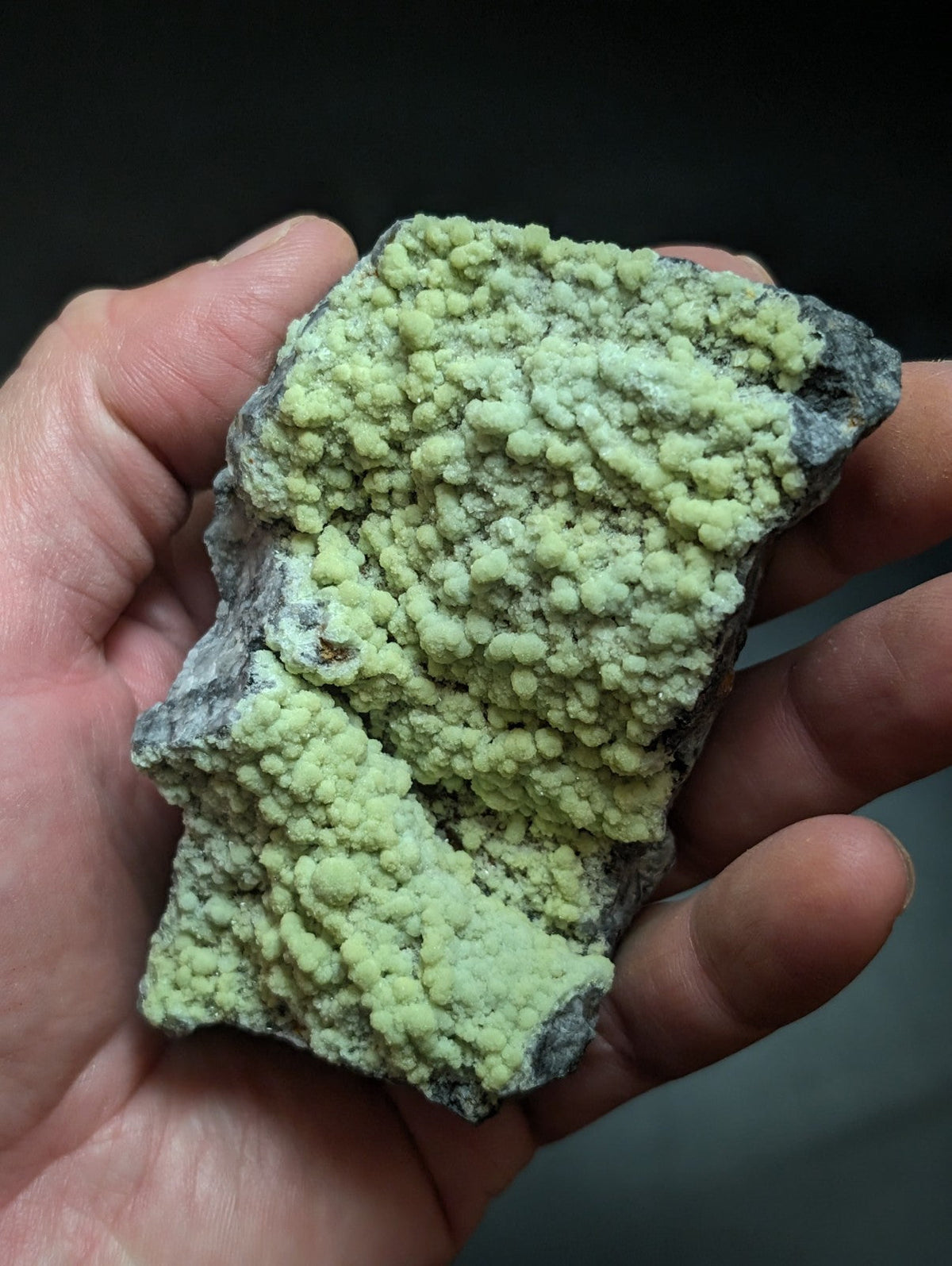 A hand holds a rough, irregularly shaped mineral specimen featuring vibrant lime-green crystalline formations growing over a darker gray matrix.