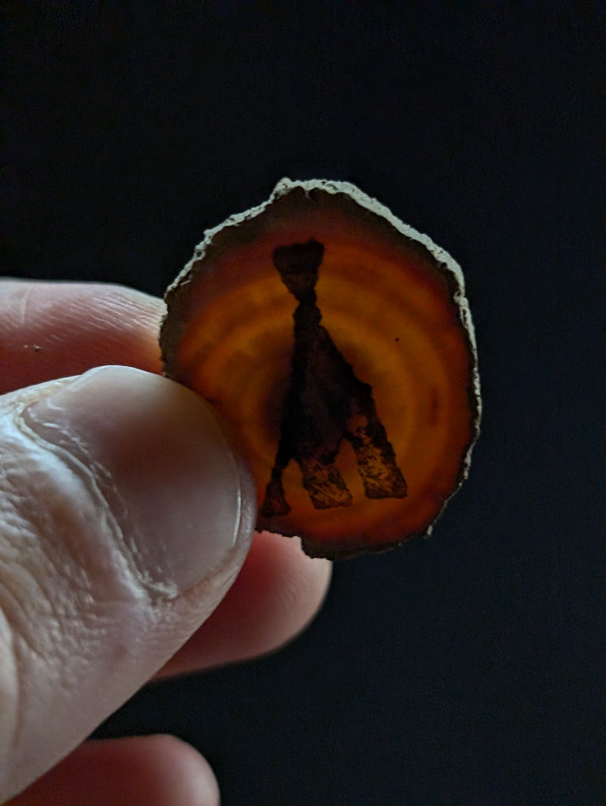 A hand holds a circular, translucent slice of orange and amber-colored agate with a dark silhouette of a standing figure etched into its center.