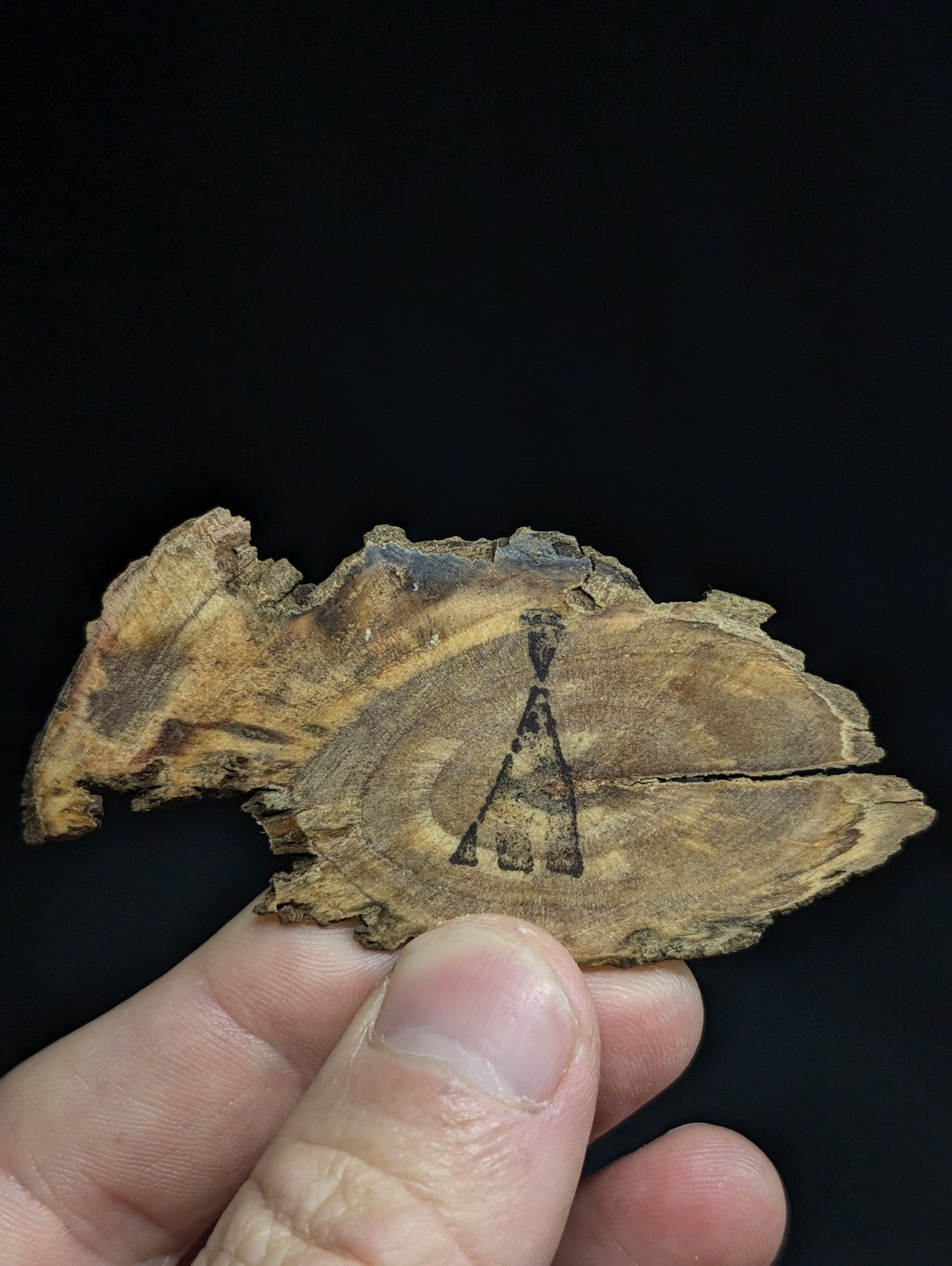 A weathered, irregularly shaped wooden slice with a natural brown hue and visible grain patterns, featuring an engraved black symbol resembling the letter ’a’ or a stylized triangle.