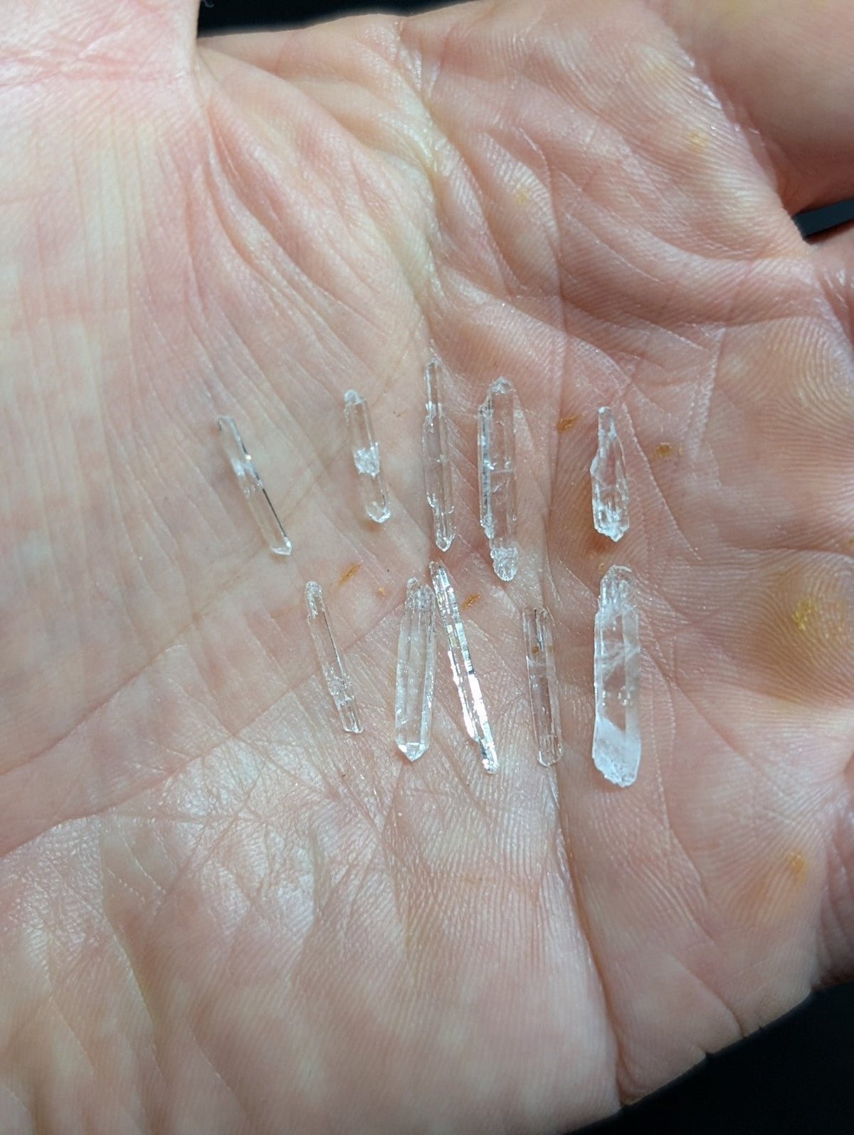 A collection of clear, translucent quartz crystals with pointed tips and natural facets.