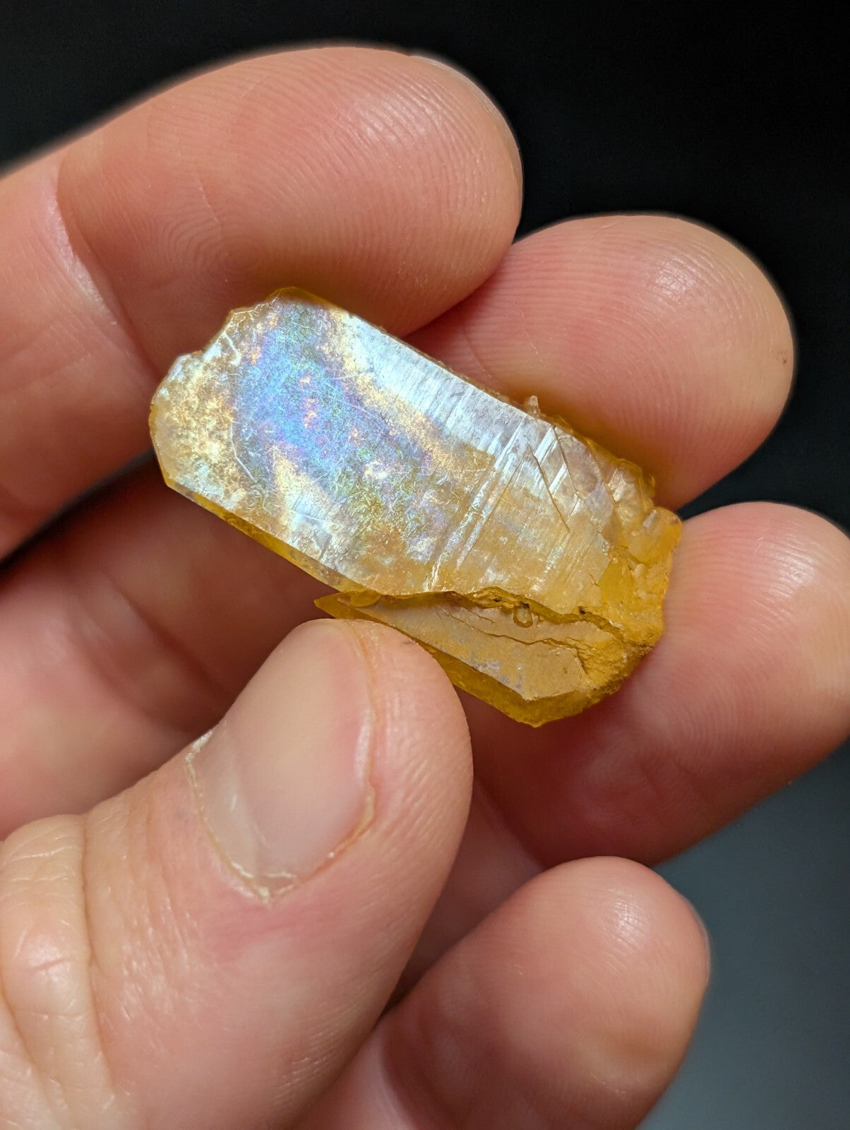 A translucent golden-yellow crystal with iridescent, rainbow-like reflections on its surface.