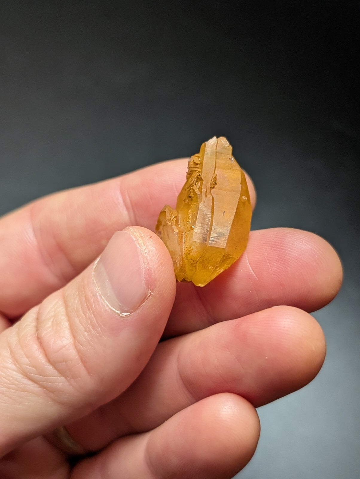 A translucent golden-yellow crystal with sharp, faceted edges and a natural, irregular shape.