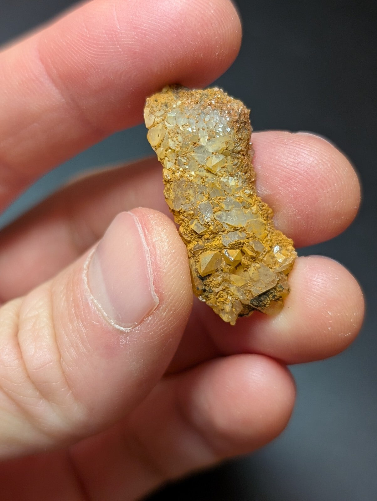 A hand holds a rough, irregularly shaped mineral specimen featuring translucent yellowish crystals embedded in a golden-brown matrix.