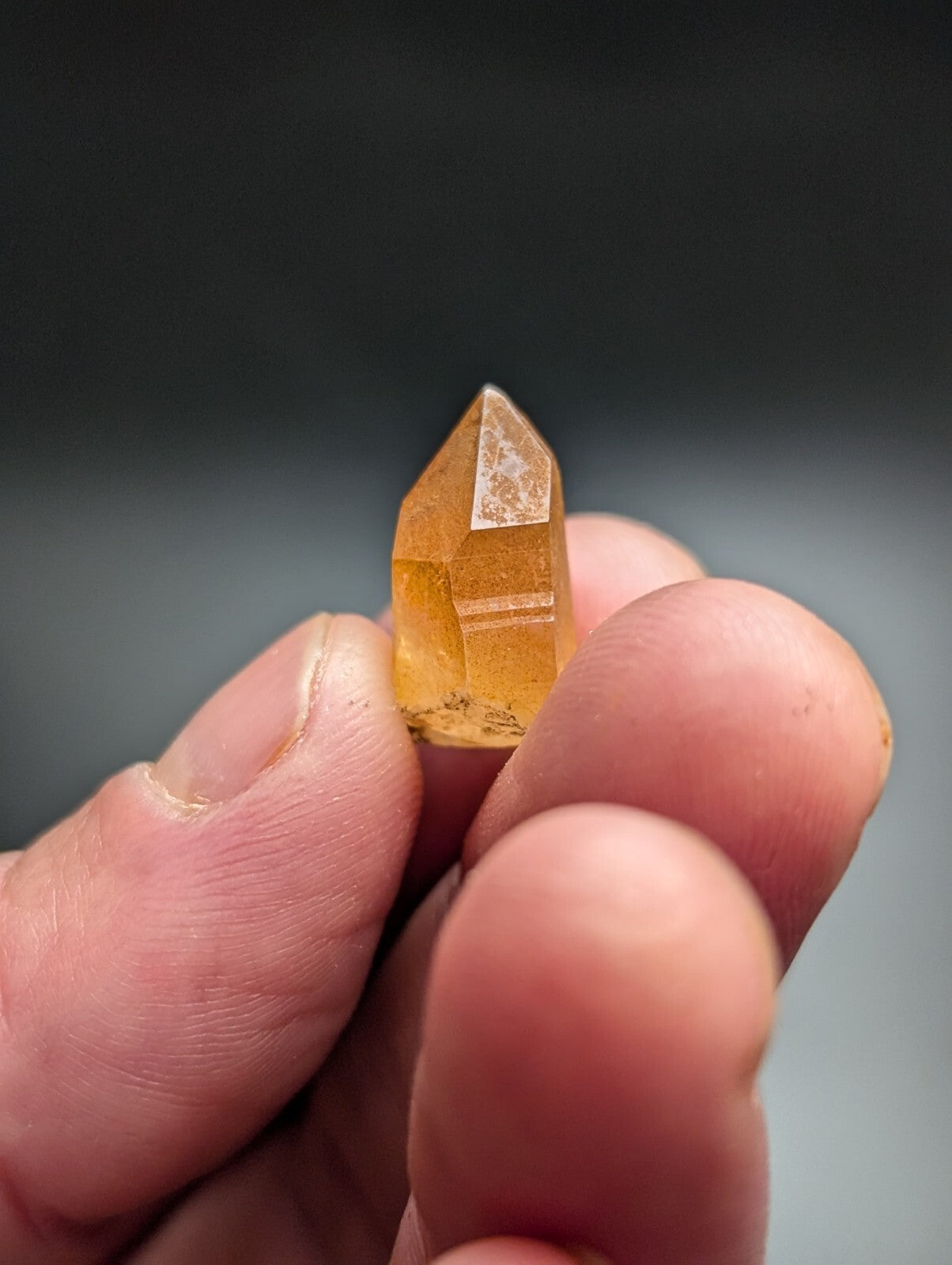 A translucent golden-yellow citrine crystal with a pointed, faceted top and natural inclusions.