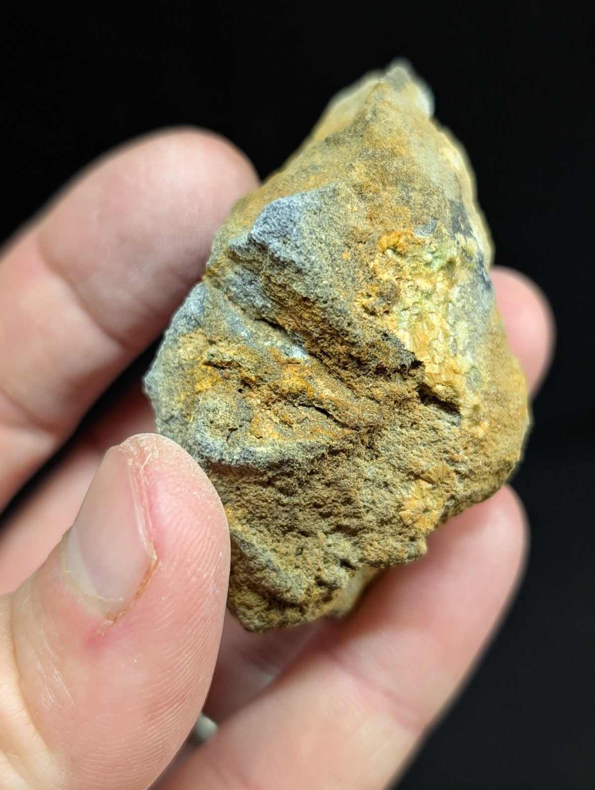 A rugged, irregularly shaped rock with a mottled surface of earthy yellow and gray tones.