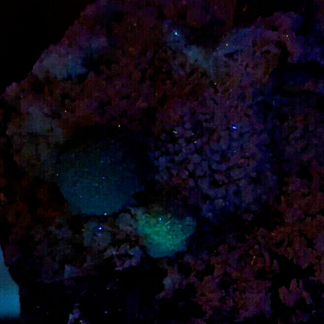 A glowing mineral specimen with vibrant purple and teal crystalline formations under blacklight.