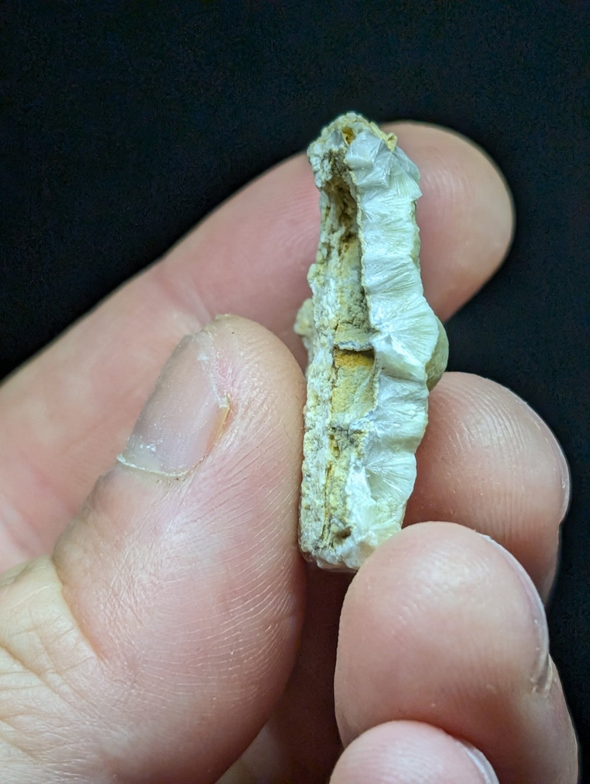 A cracked, off-white and yellowish mineral specimen with a rough, layered texture.