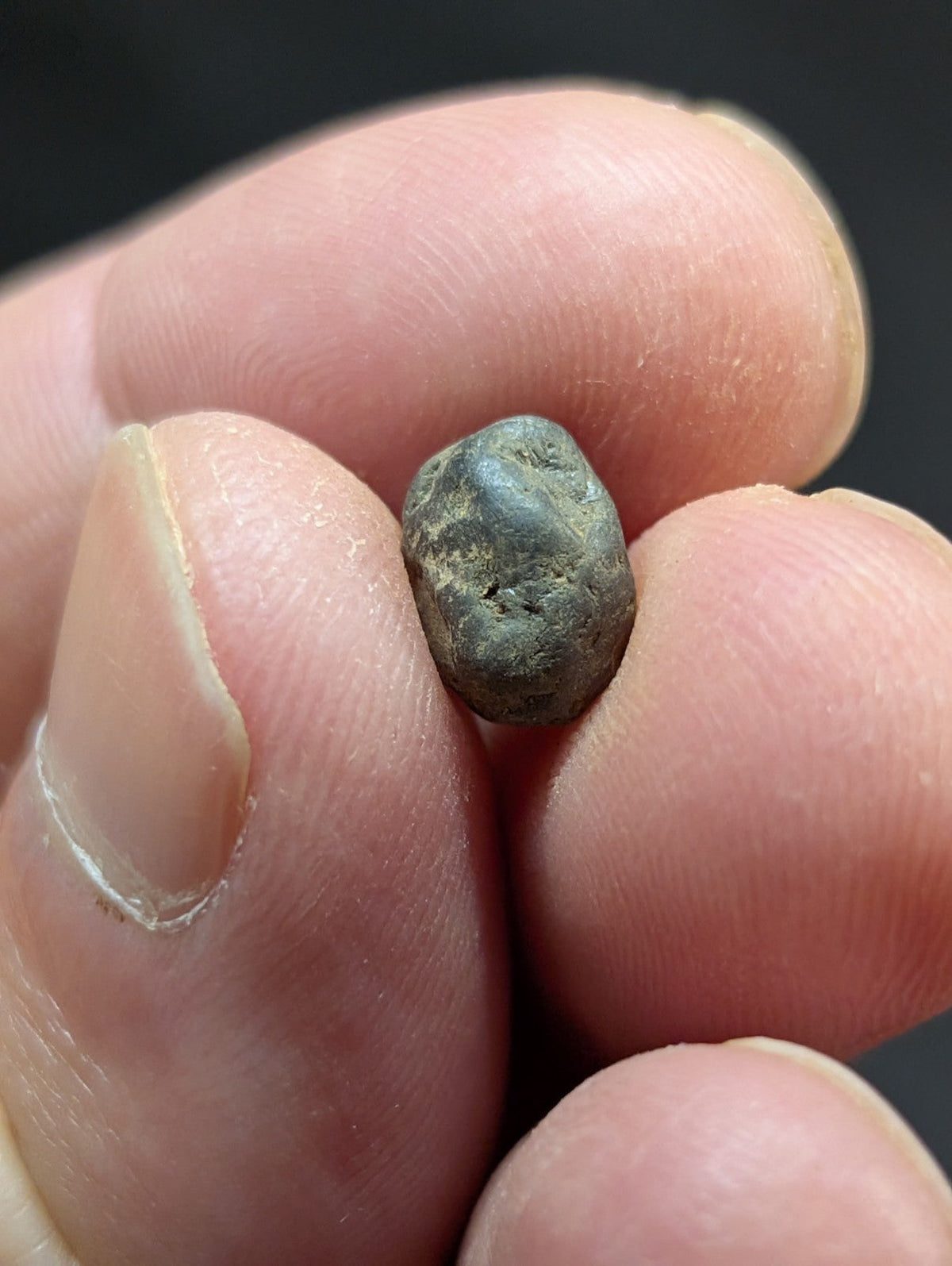 A small, dark greenish-gray, irregularly shaped stone held between fingers.