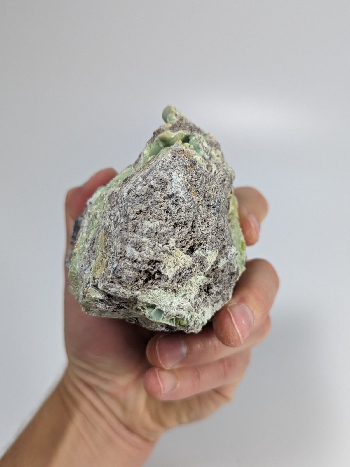 A rough, irregularly shaped stone with a mottled green and gray surface held in a hand.