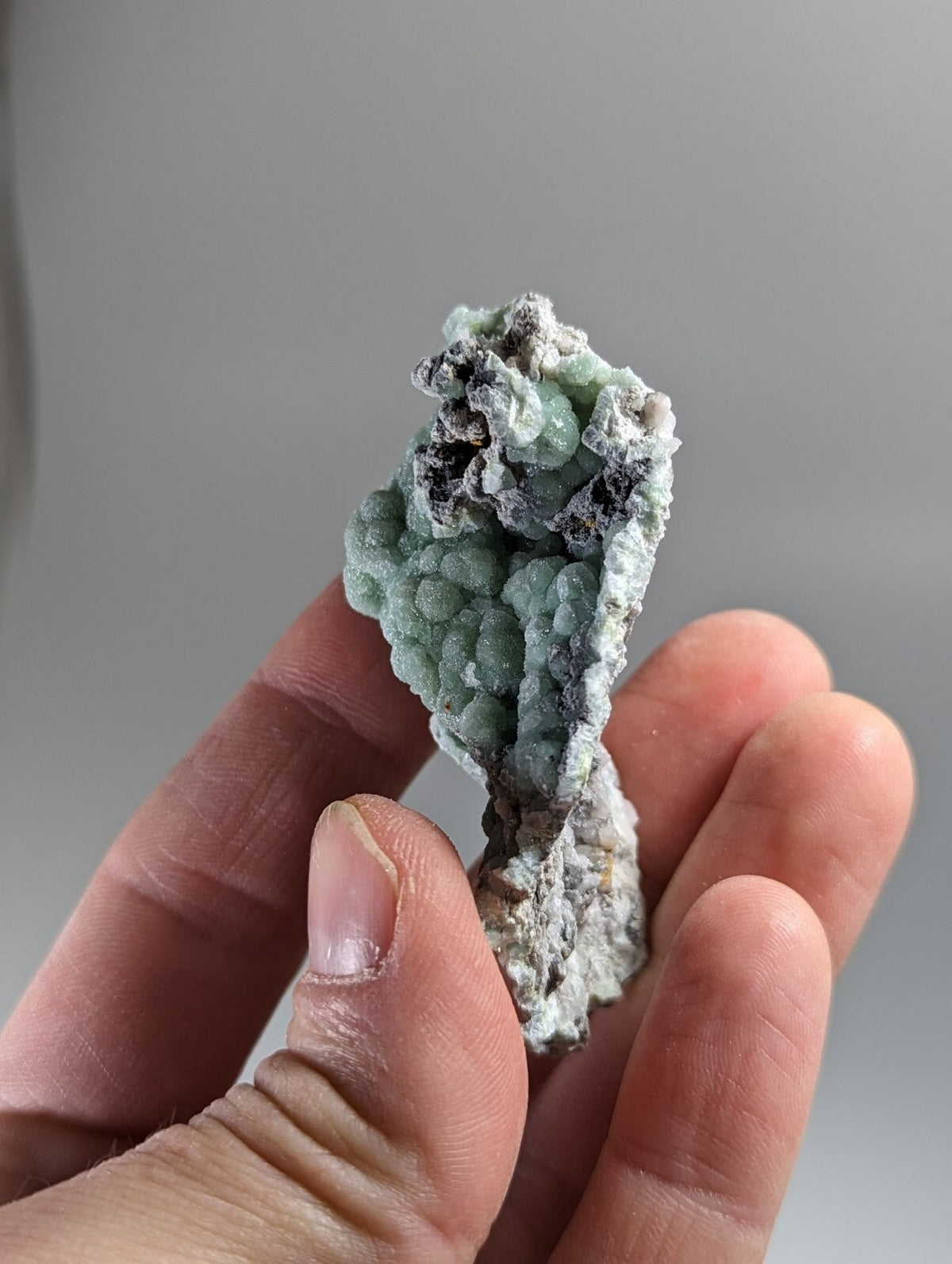 A hand holds a delicate, light green mineral specimen with intricate, bumpy textures and patches of grayish matrix.