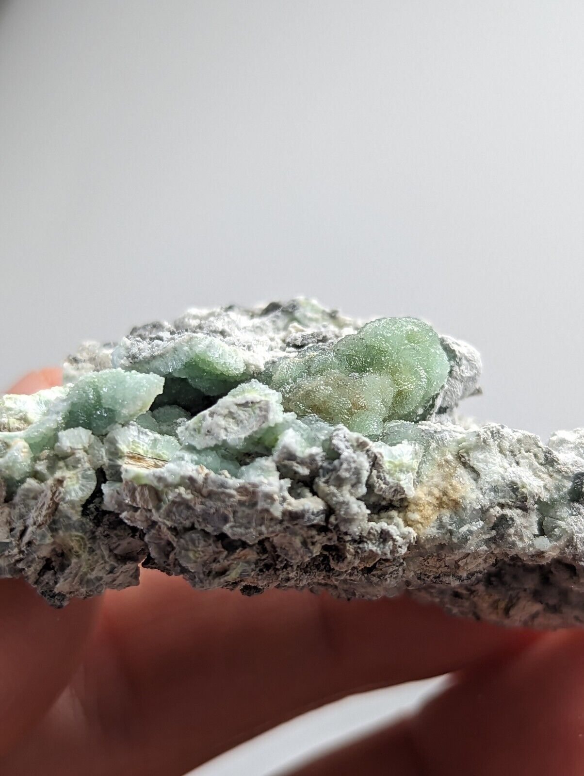 Green mineral specimen on gray matrix.