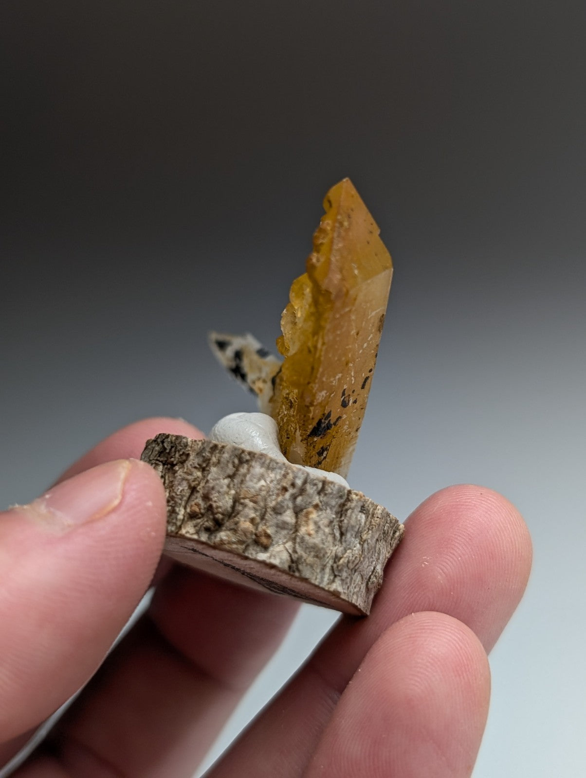 A+ Unique Quartz, Old Stock, Montgomery County, Arkansas, w/ natural wood base