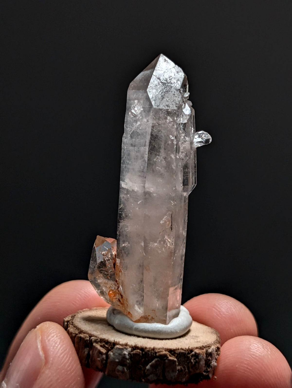 A+ Quartz Crystal Point, Montgomery County, Arkansas, w/ natural wood base