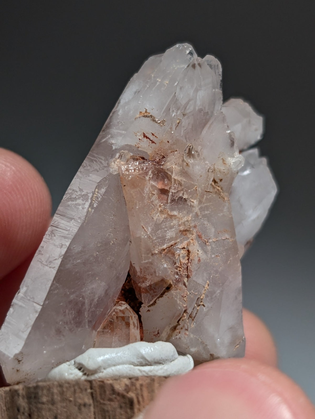 A+ Cathedral Quartz Crystal, Montgomery County, Arkansas, w/ natural wood base