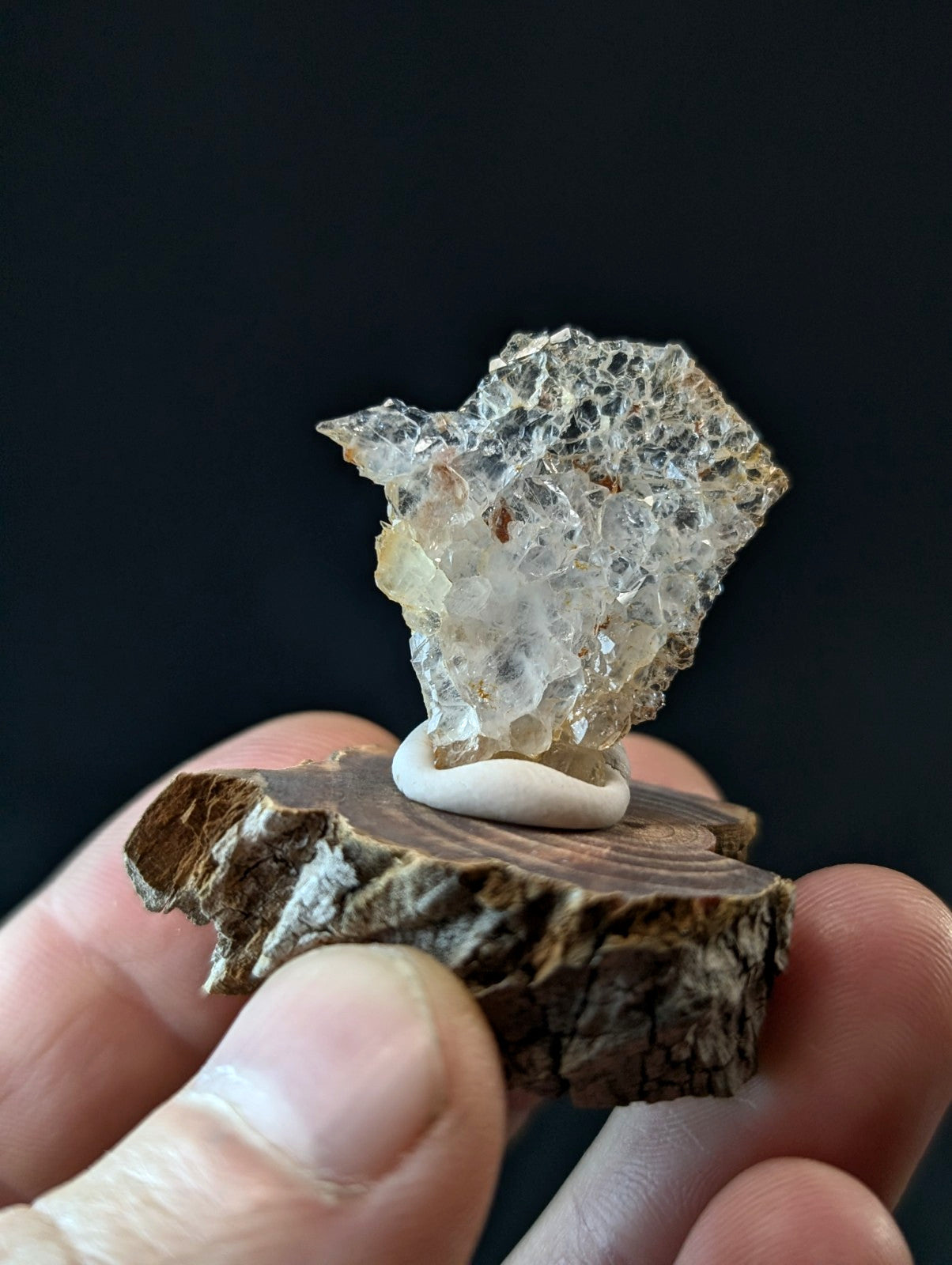 A+ Unique Quartz, Old Stock, Montgomery County, Arkansas, w/ natural wood base