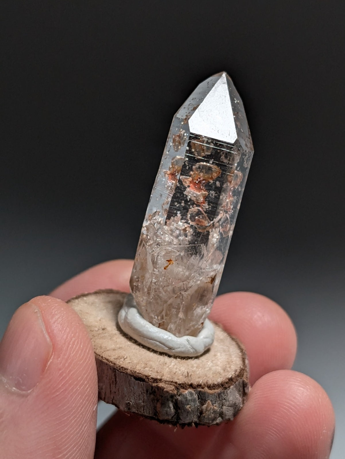 A+ Clear Quartz Crystal Point, Montgomery County, Arkansas, w/ natural wood base