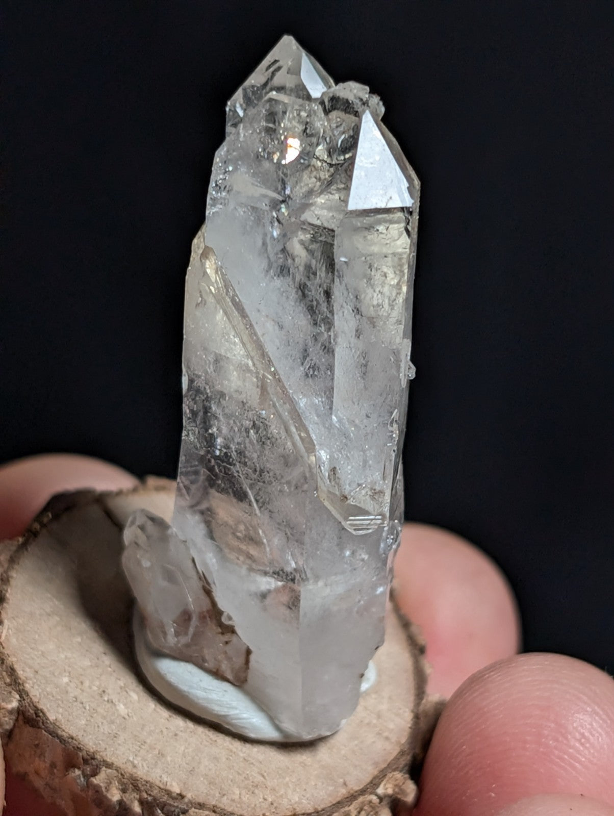 A+ Unique Quartz, Old Stock, Montgomery County, Arkansas, w/ natural wood base