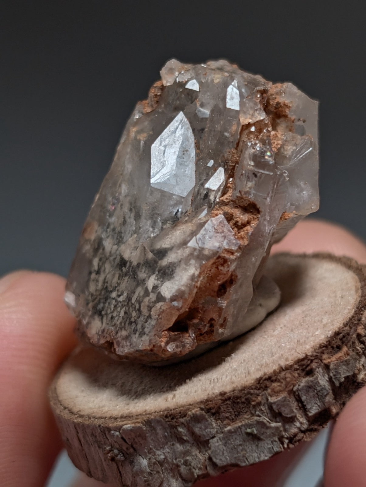 Nacrite + Manganese included Quartz Crystal Point, Arkansas, w/ wood base