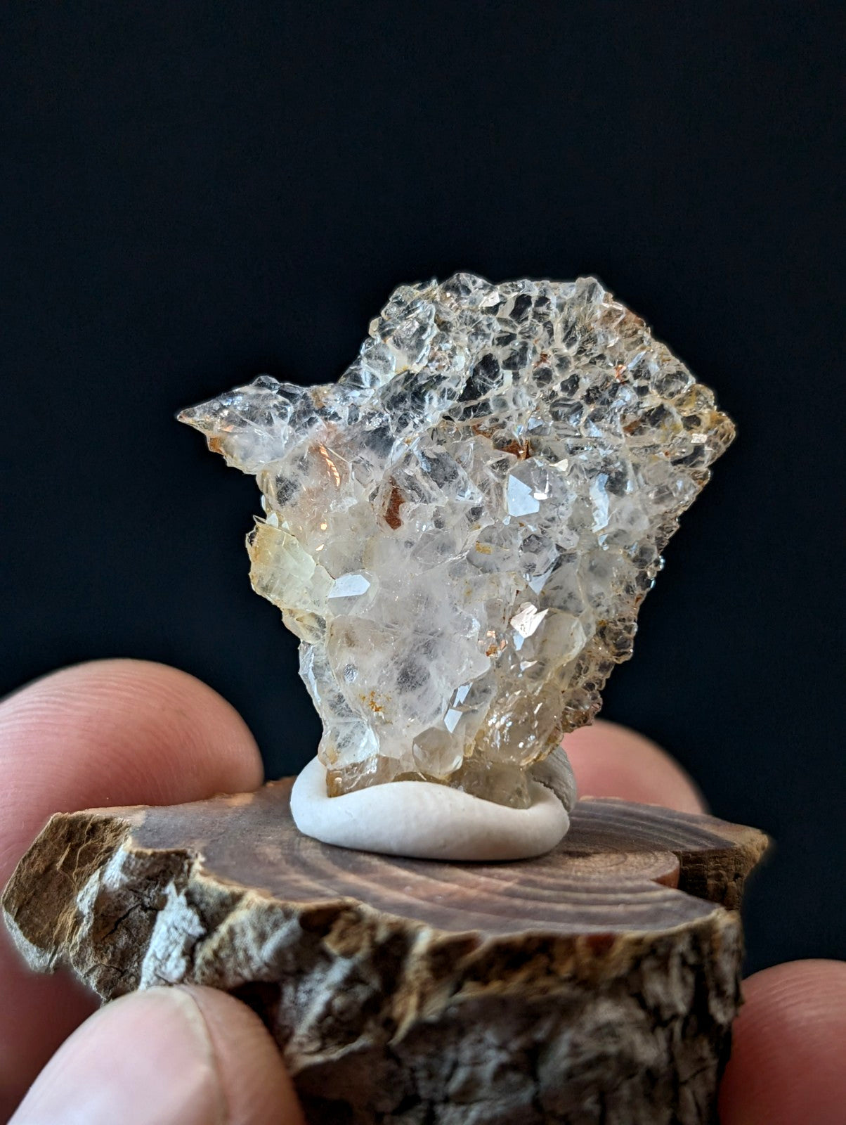 A+ Unique Quartz, Old Stock, Montgomery County, Arkansas, w/ natural wood base