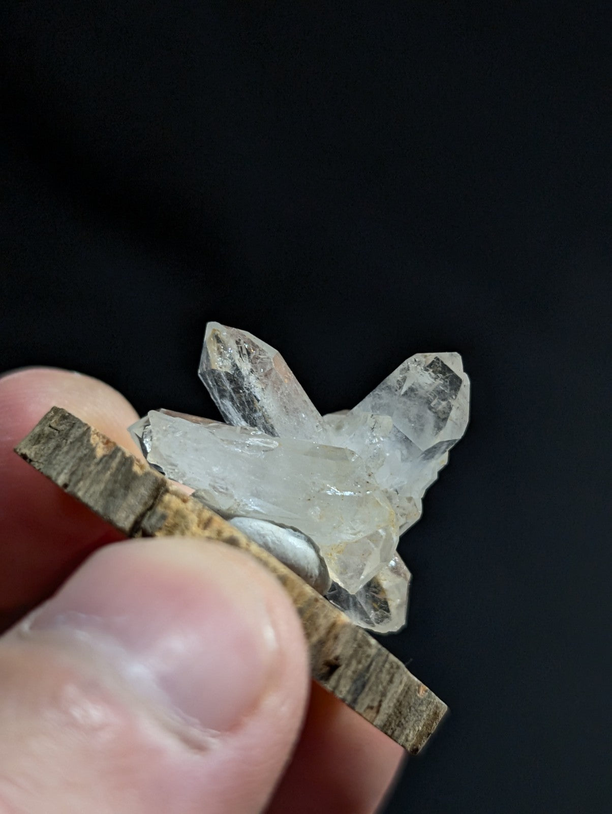 Quartz Crystal Cluster, Old Stock, Montgomery County, Arkansas, w/ wood base