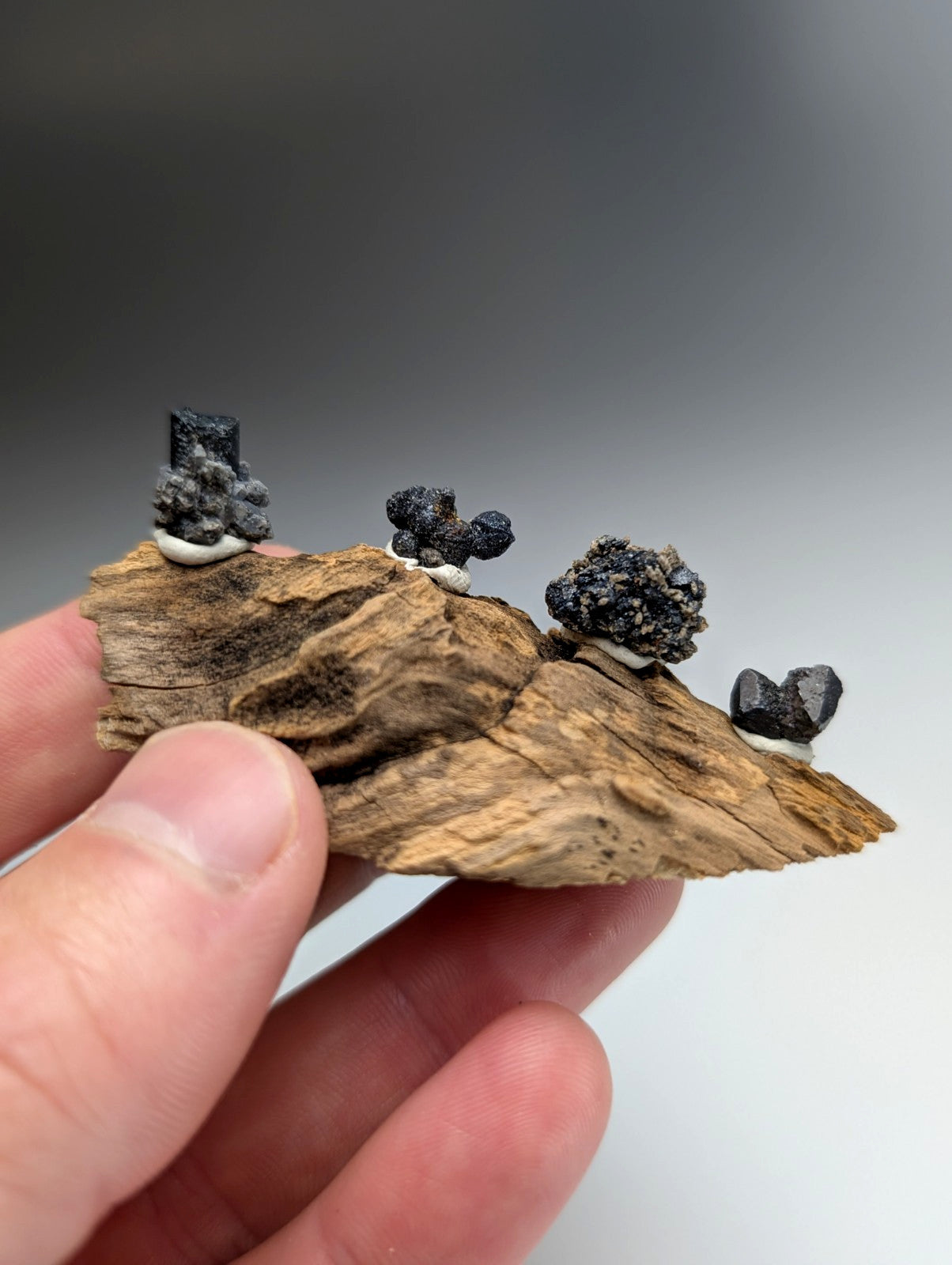 Set of 4 Brookite + Smoky Quartz, Magnet Cove, Arkansas, Old Stock, + wood stand