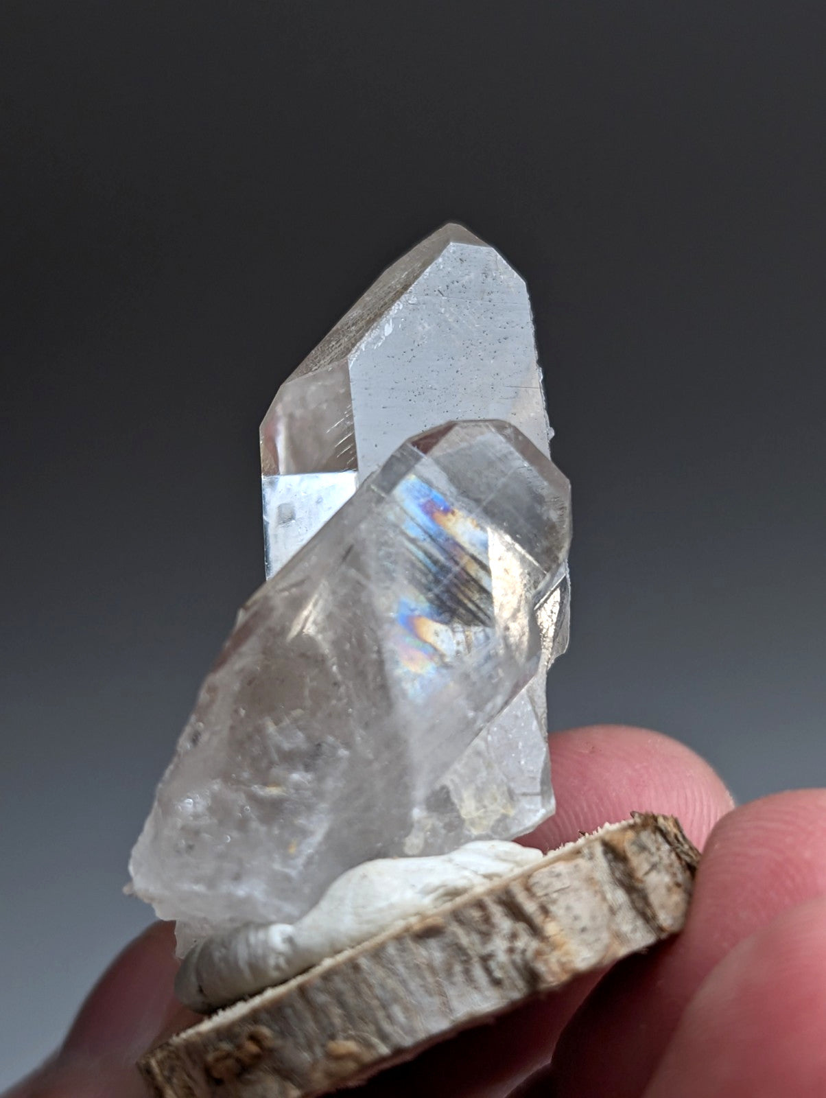 Unique Quartz Point, Old Stock, Garland County, Arkansas, w/ natural wood base