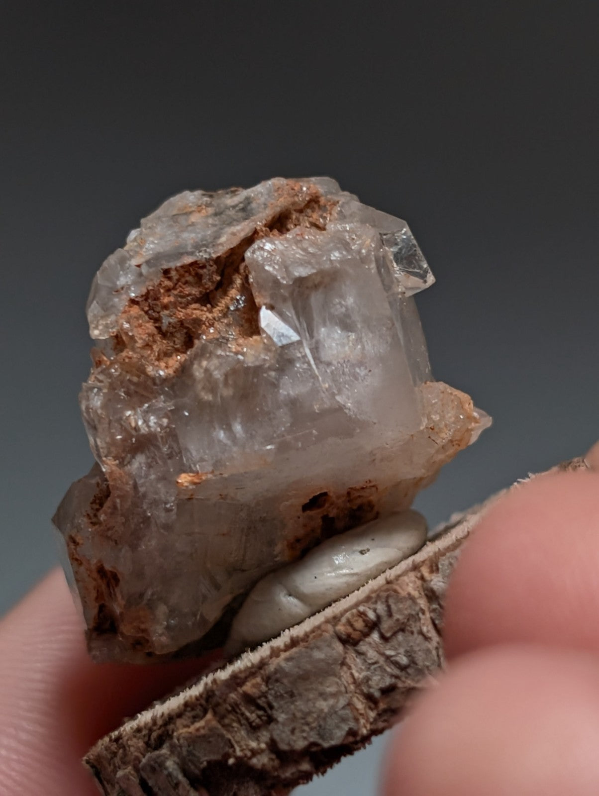 Nacrite + Manganese included Quartz Crystal Point, Arkansas, w/ wood base