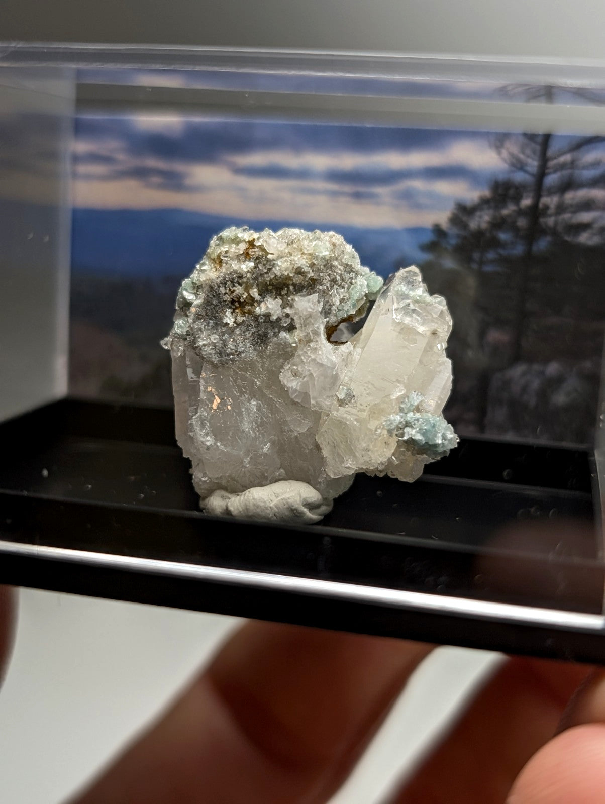 Blue-Green Cookeite on Quartz, Saline County, Arkansas, Old Stock, w/ photo case