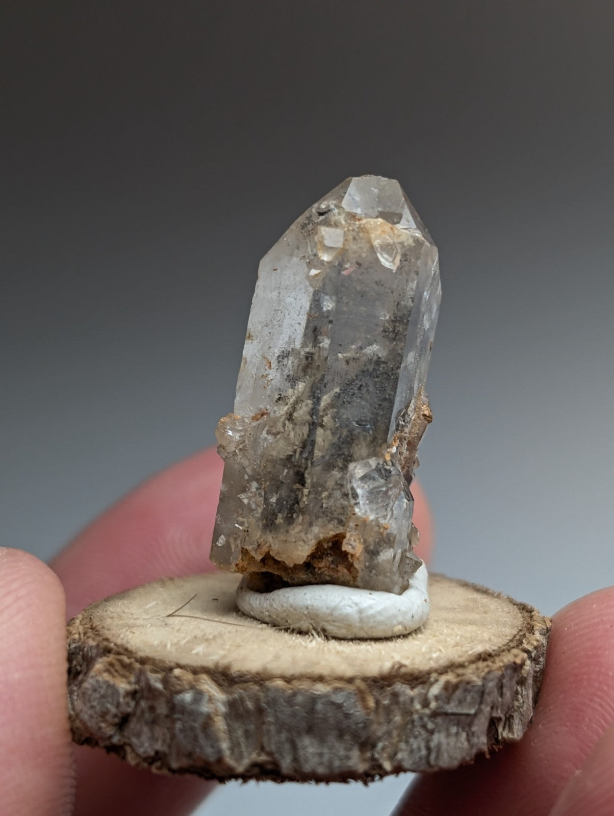 Nacrite + Manganese included Quartz Crystal Point, Arkansas, w/ wood base