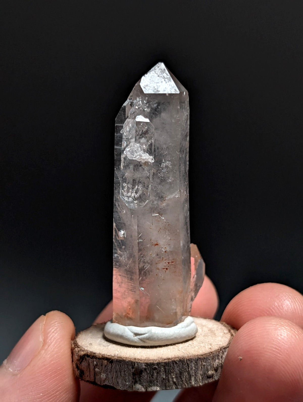 A+ Quartz Crystal Point, Montgomery County, Arkansas, w/ natural wood base