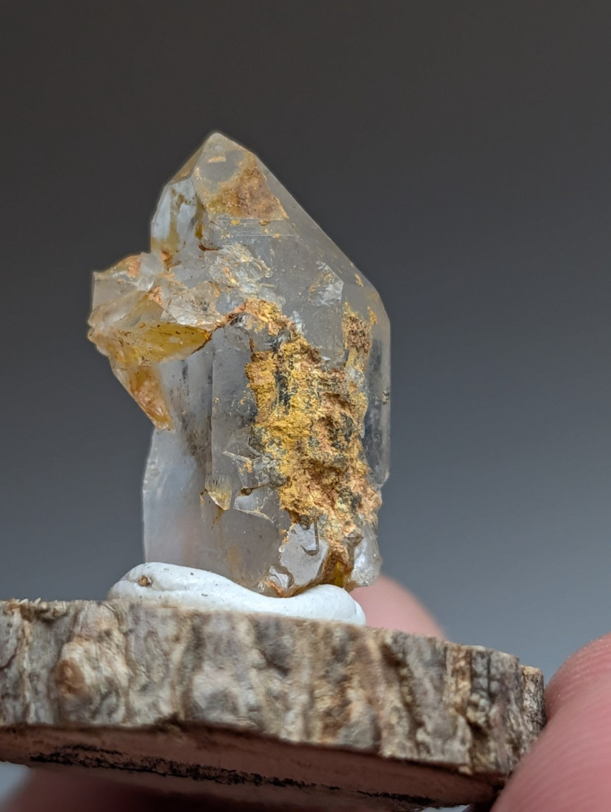 Nacrite + Manganese included Quartz Crystal Point, Arkansas, w/ wood base