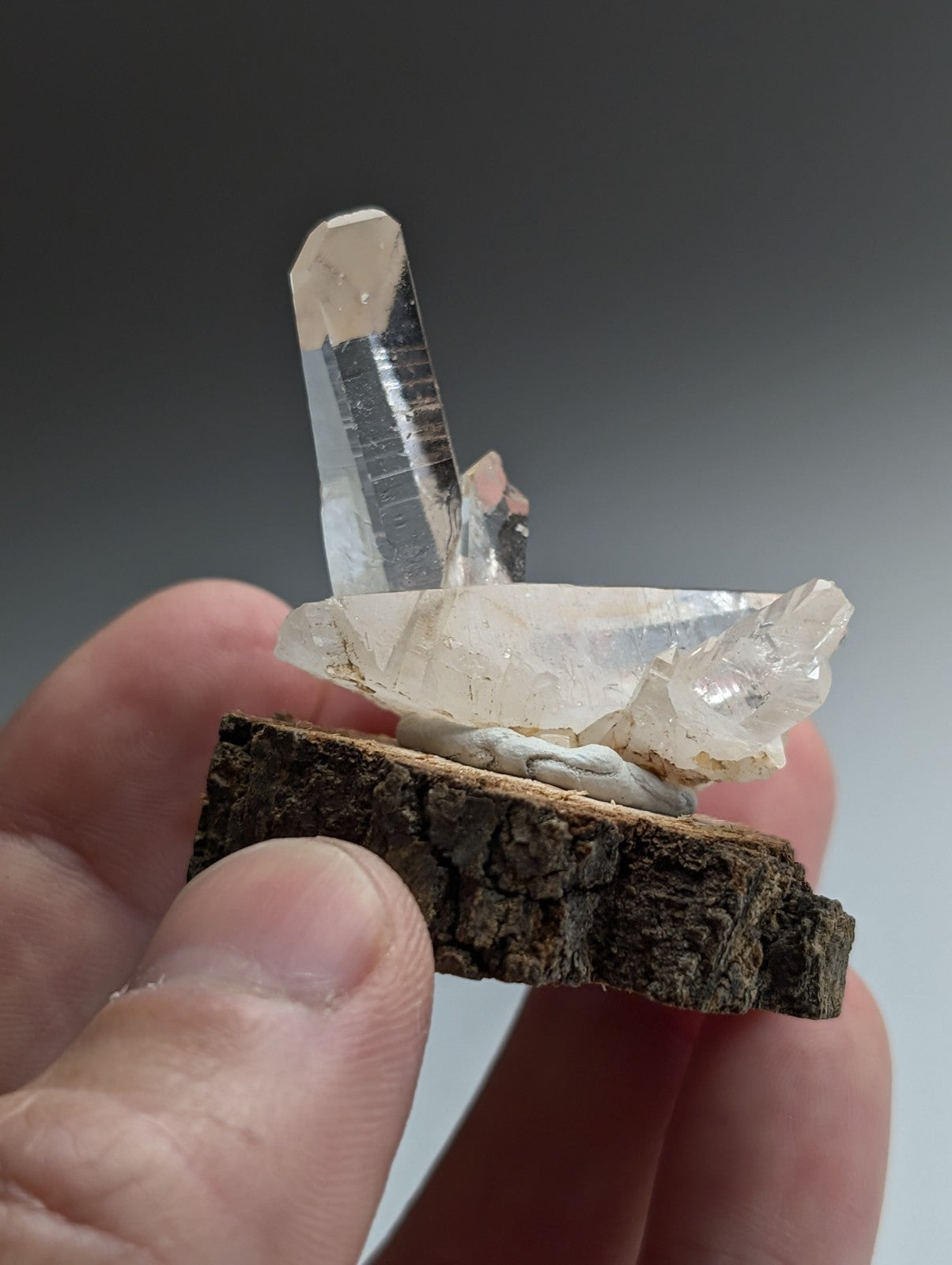 A+ Quartz Cluster, Old Stock, Montgomery County, Arkansas, w/ natural wood base