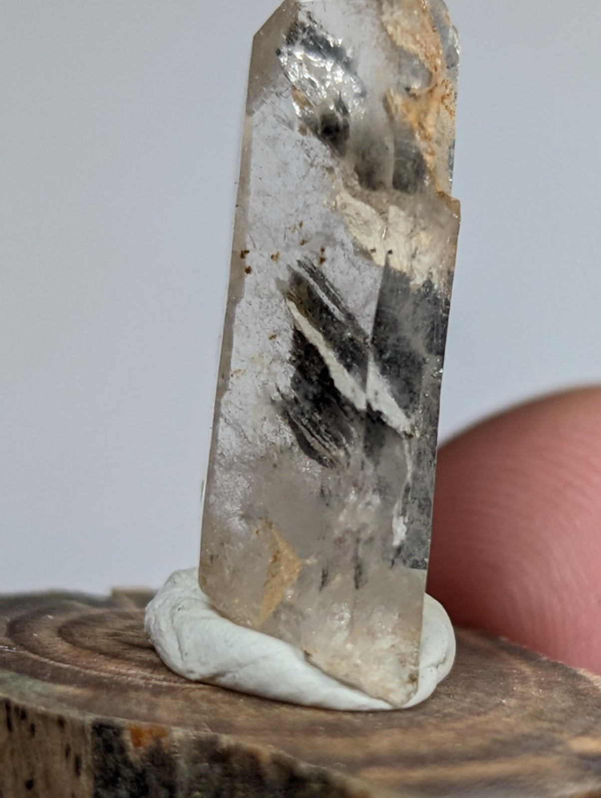 Nacrite + Manganese included Quartz Crystal Point, Arkansas, w/ wood base