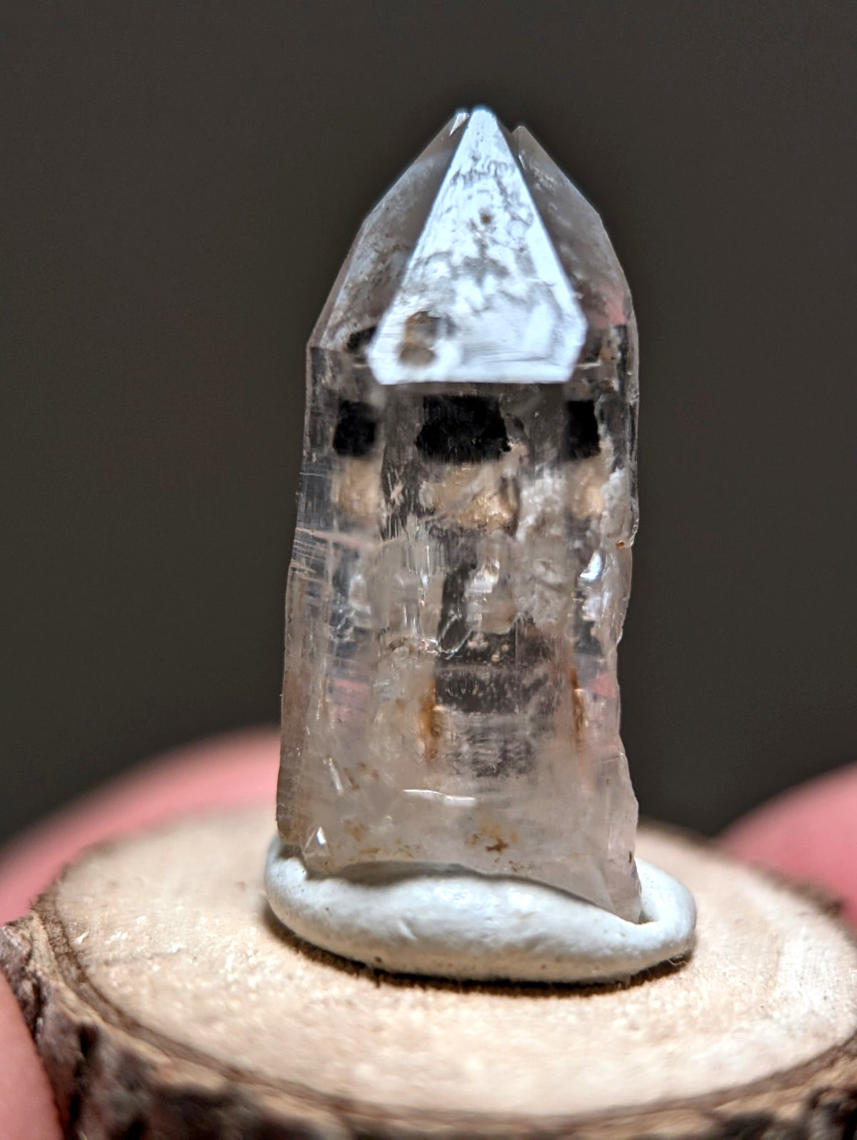 Nacrite + Manganese included Quartz Crystal Point, Arkansas, w/ wood base