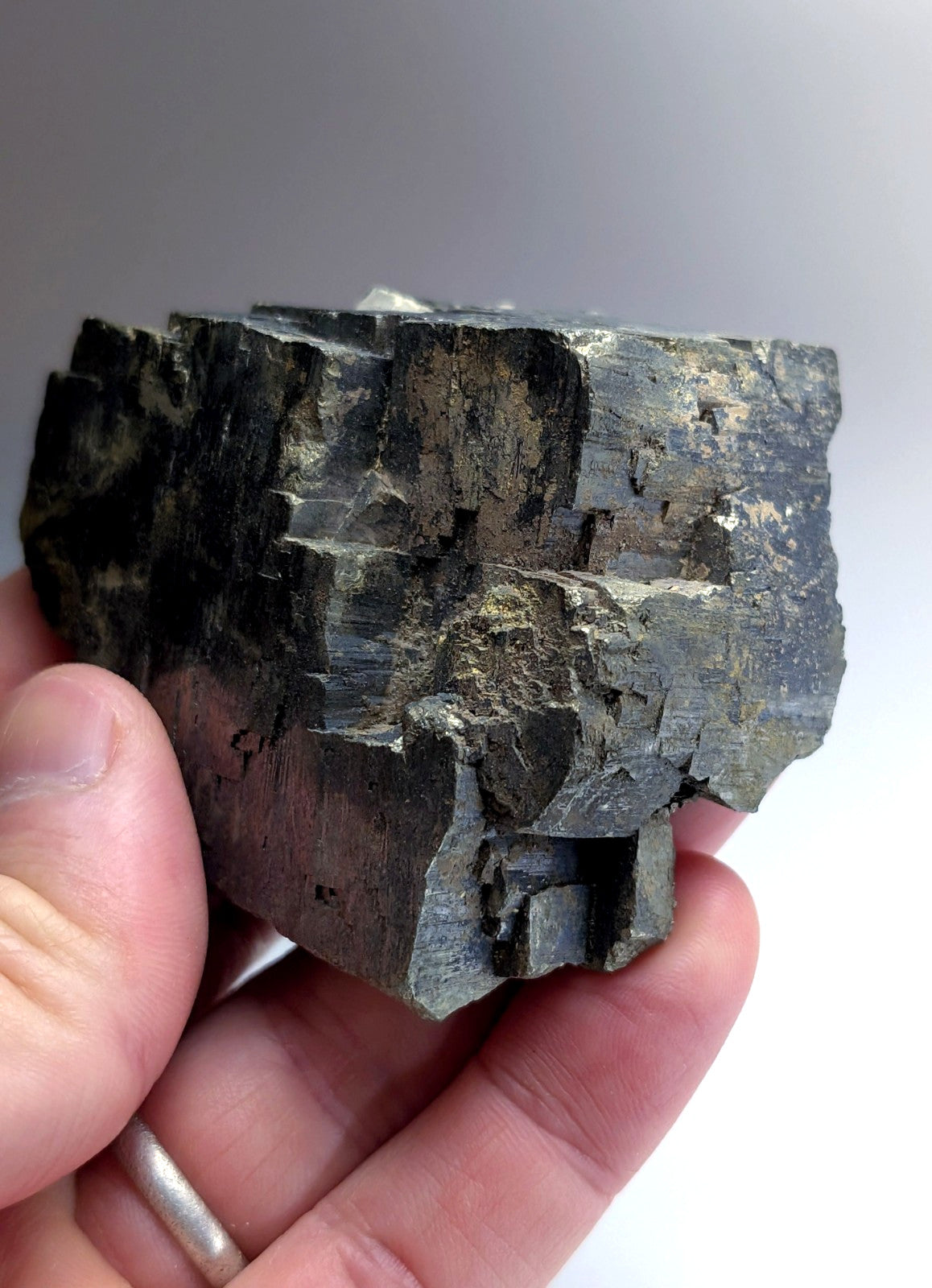 Pyrite with Molybdenum, Magnet Cove, Arkansas, USA, w/ wood display, ex Delinde