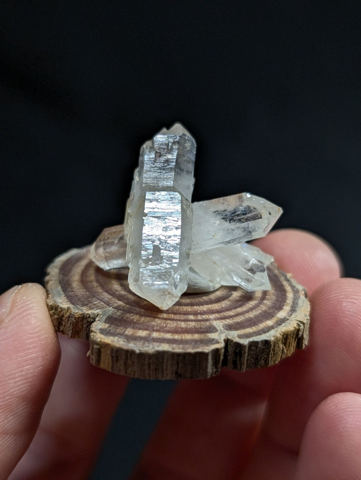 Quartz Crystal Cluster, Old Stock, Montgomery County, Arkansas, w/ wood base