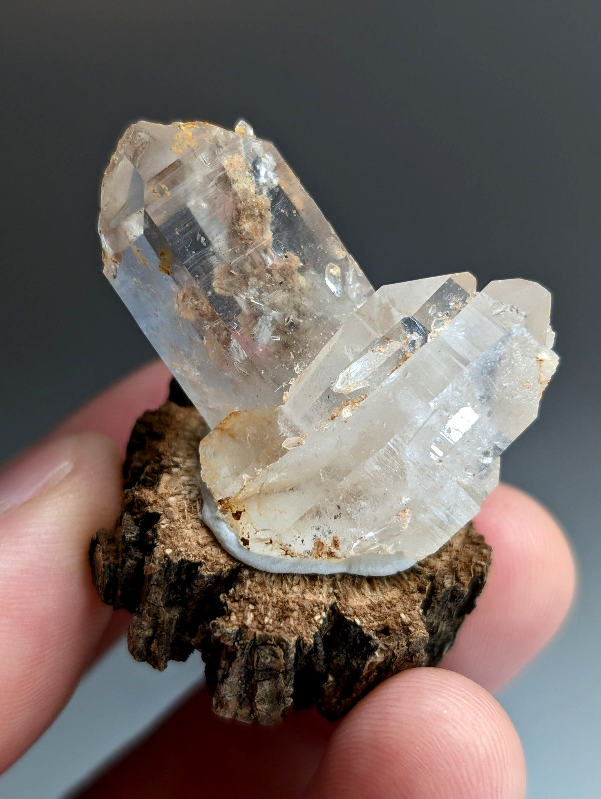 Nacrite included Quartz Crystal, Montgomery County, Arkansas, w/ wood base