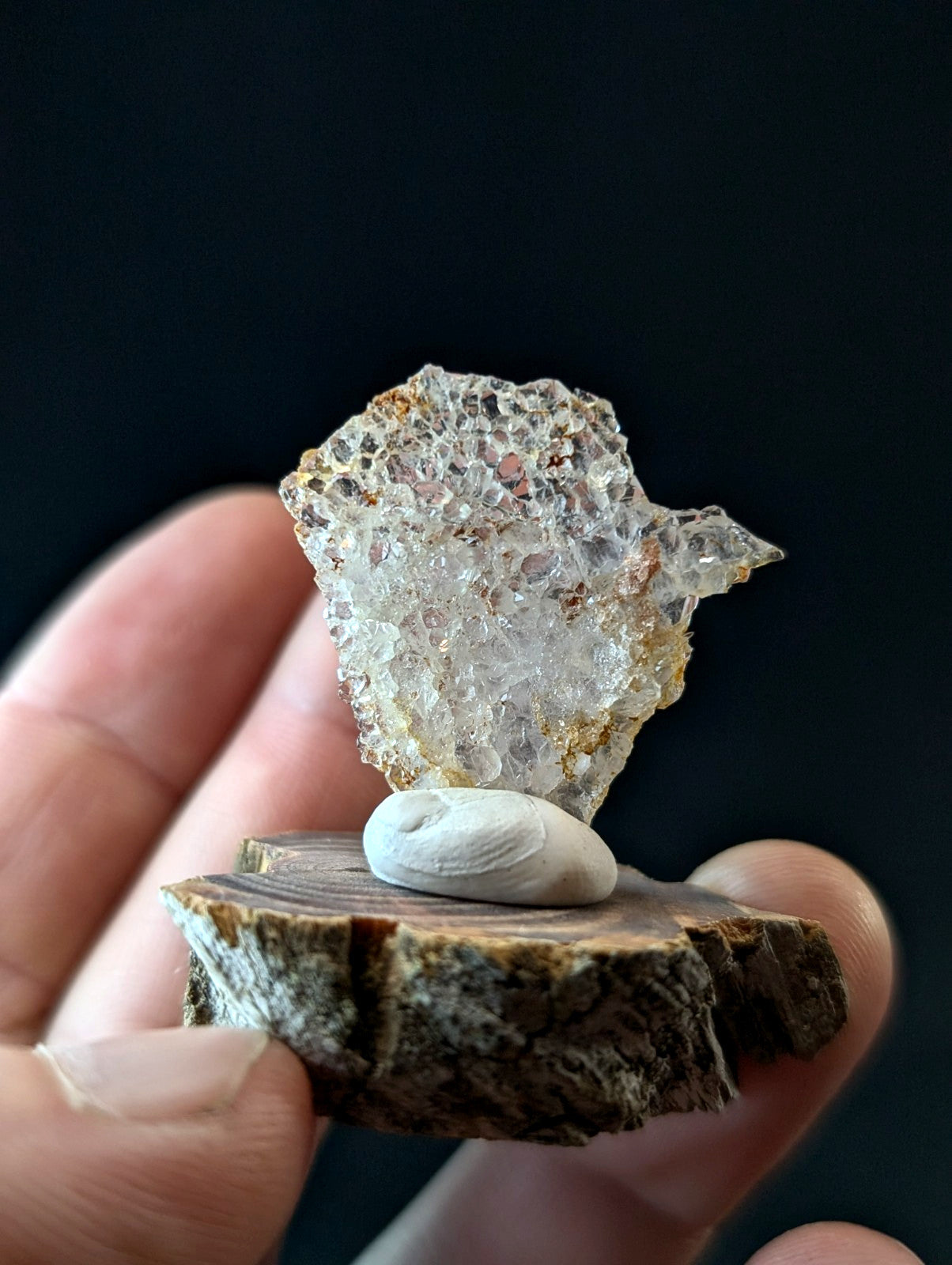 A+ Unique Quartz, Old Stock, Montgomery County, Arkansas, w/ natural wood base