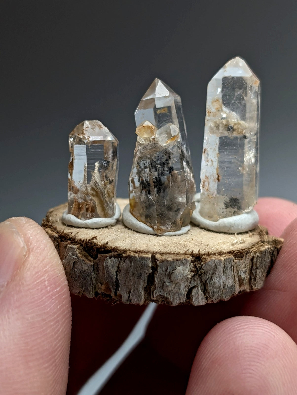 Nacrite + Manganese included Quartz Crystal Points, Arkansas, Set of 3, w/ base