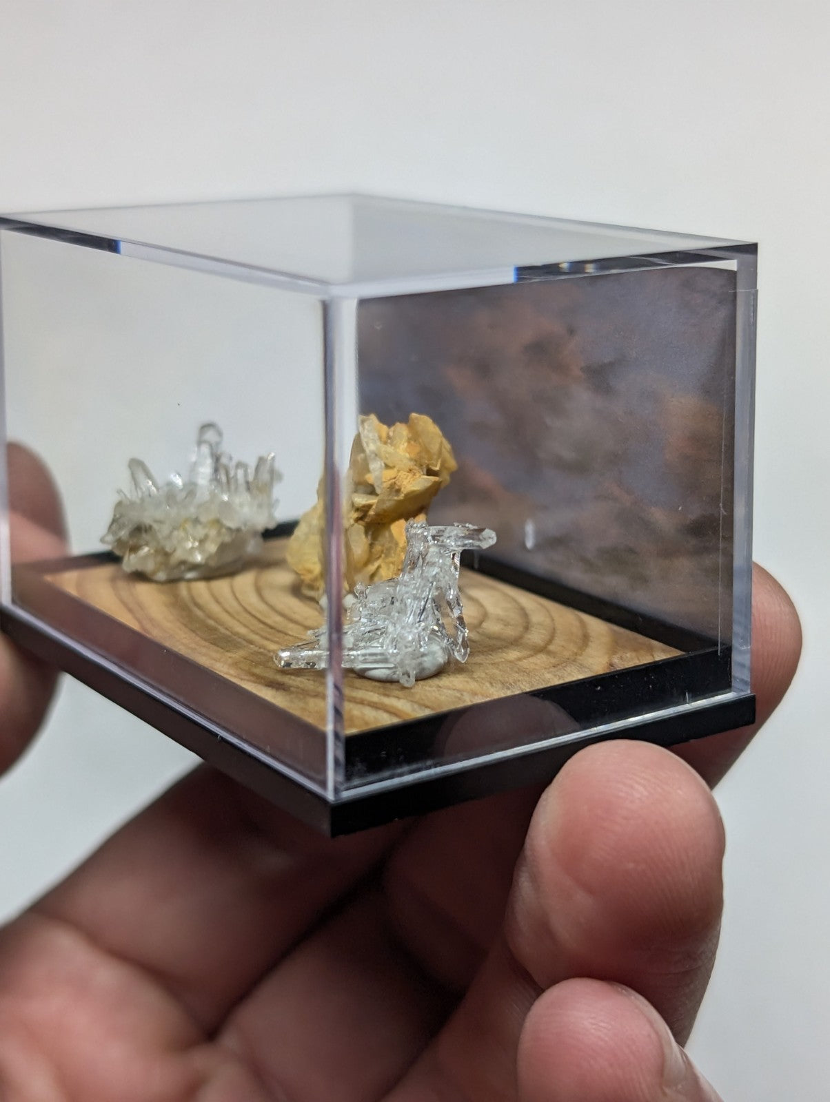 Solution Quartz + Ankerite, w/ wood mount + photo case- Jeffrey Quarry, Arkansas