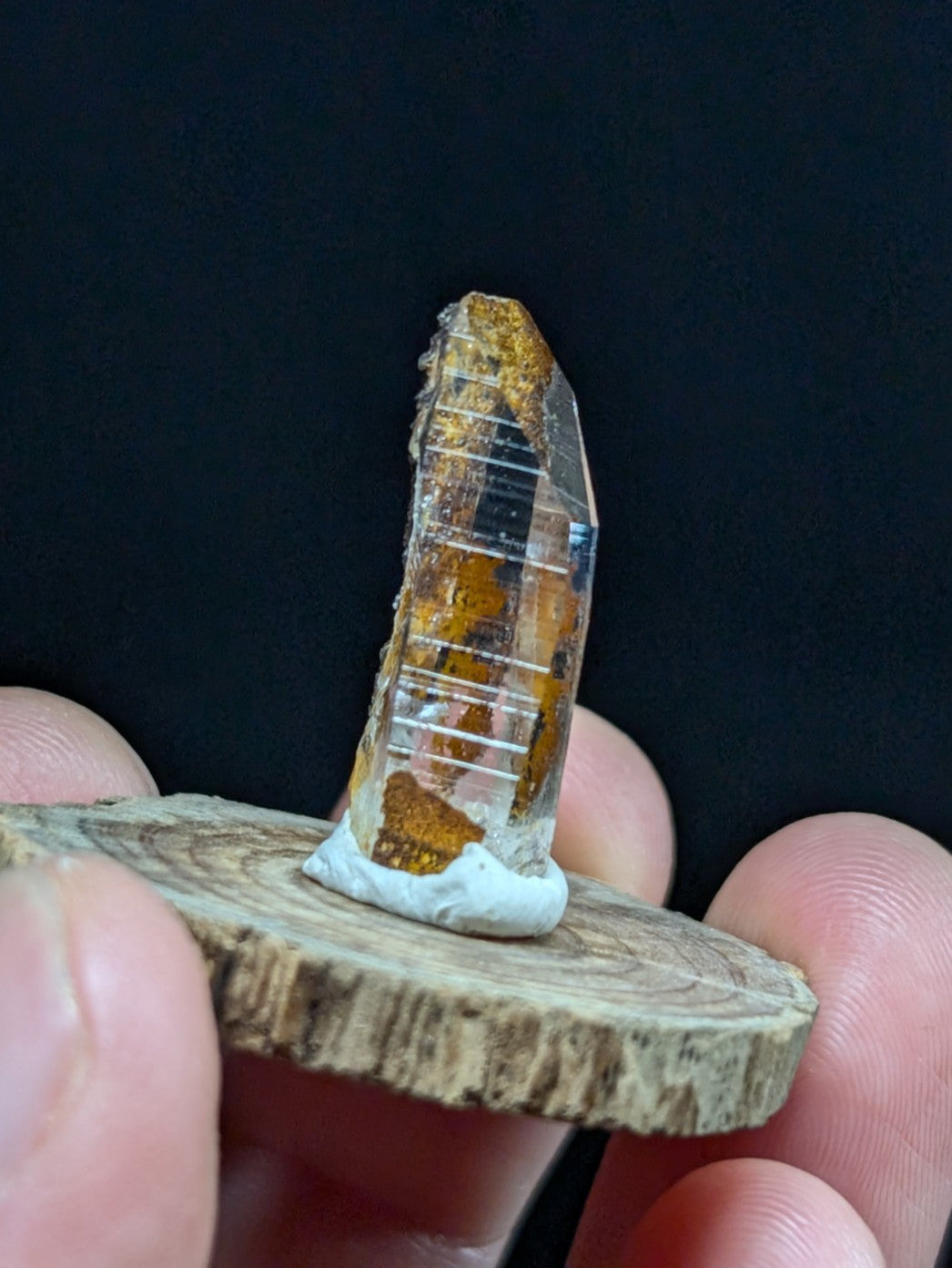Small Optical Quartz Crystal Point, Montgomery County, Arkansas, w/ wood base