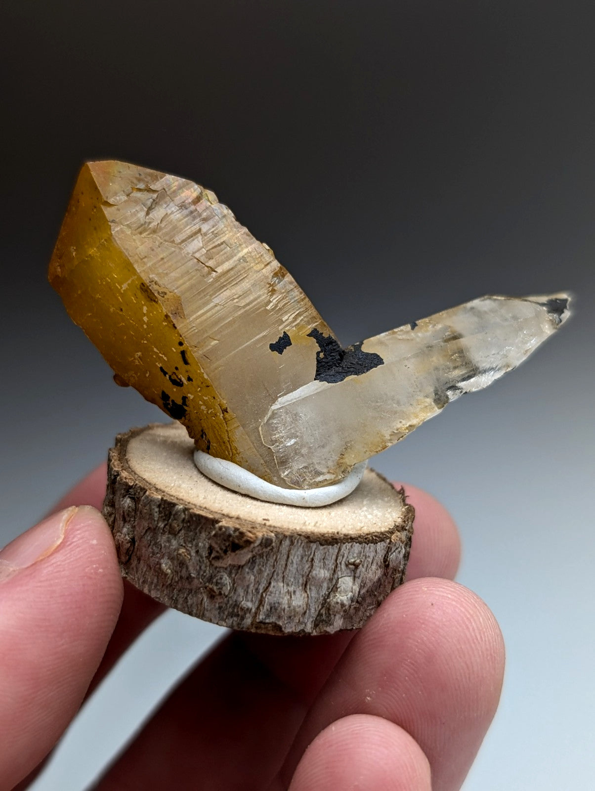 A+ Unique Quartz, Old Stock, Montgomery County, Arkansas, w/ natural wood base