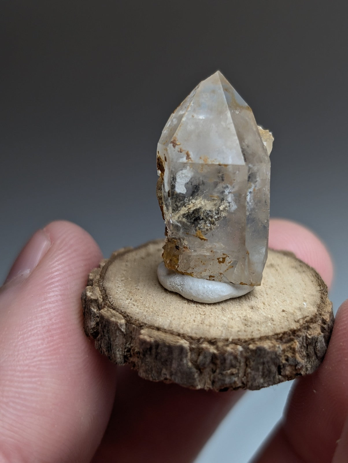 Nacrite + Manganese included Quartz Crystal Point, Arkansas, w/ wood base